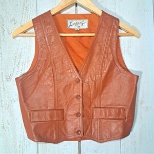 Legacy Vintage Westerncore Brown Leather Vest Button Front V-Neck Pockets Size M